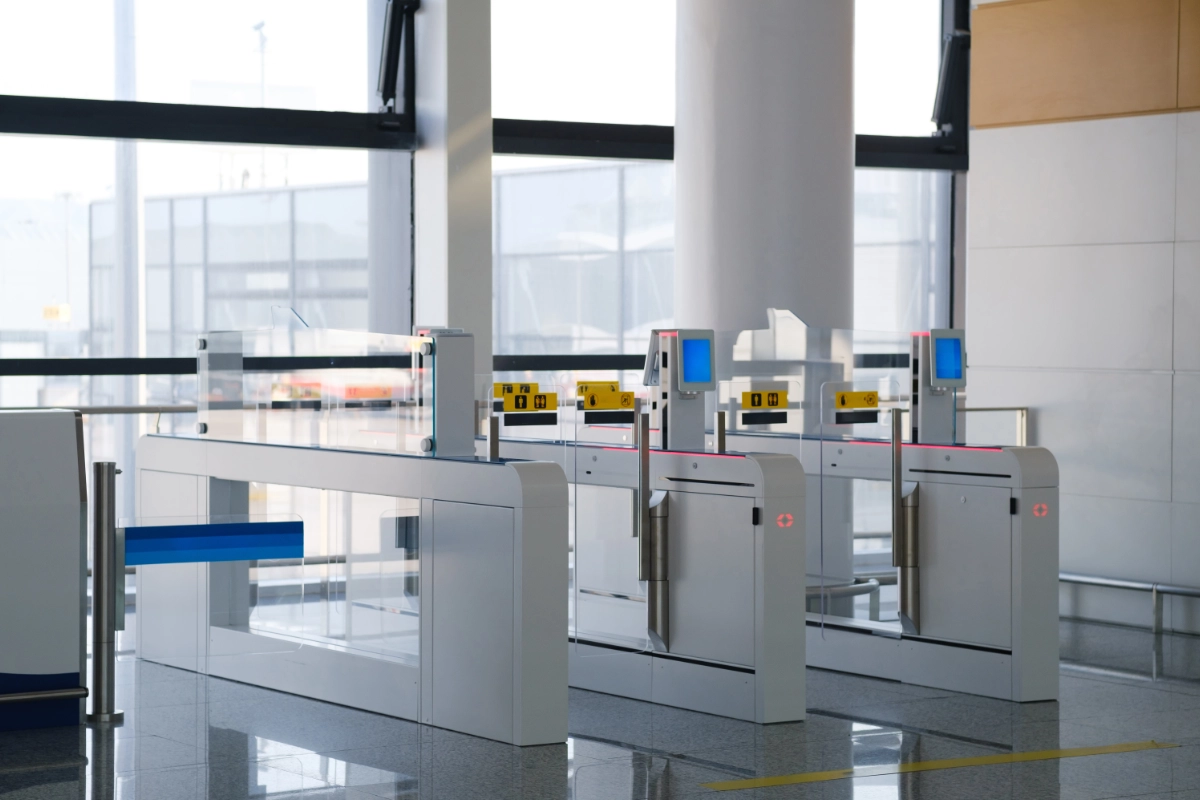Modern access control gates installed inside a commercial building